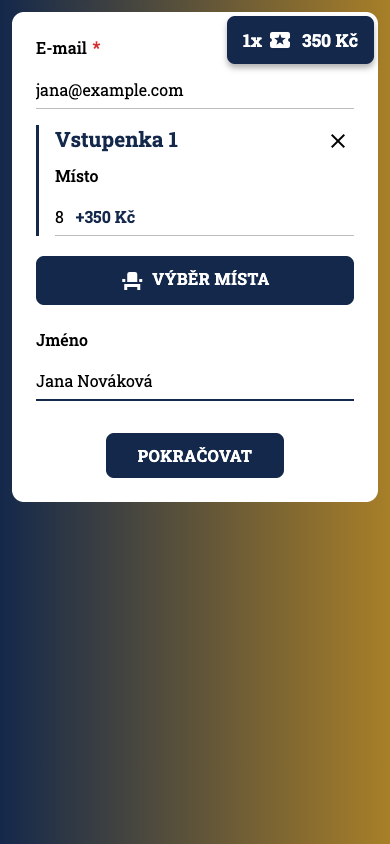 Vyplněný mobilní formulář s vybraným místem a cenou 350 Kč.