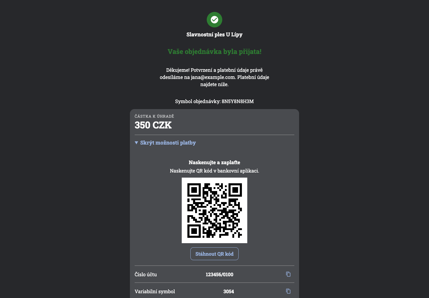 Platební instrukce a QR po přijetí testovací objednávky za 350 CZK.