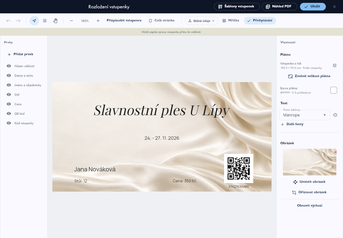 Editor plesové vstupenky s texty, cenou a QR kódem.
