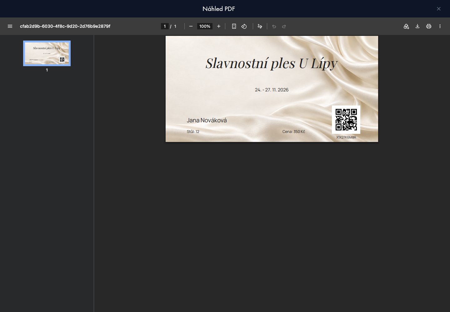 Skutečně vygenerované PDF plesové vstupenky v prohlížeči.