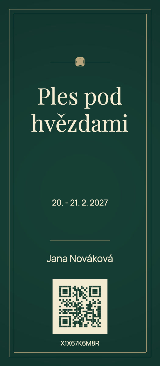 Zeleno-zlatá ukázková vstupenka s údaji hosta a QR kódem.